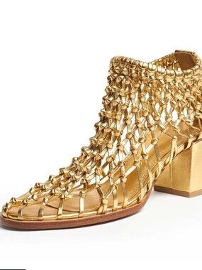 FSJ Gold Woven Caged SummerBlock Heel Bootie Size 10 Nwob
